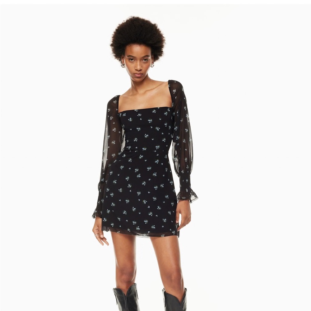 Aritzia Wilfred Black Emmylou Forget Me Not Chiffon Mini Dress Size4 Floral Blue